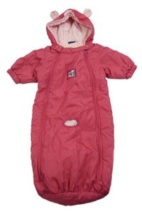 Světlevínový šusťákový zimní fusak s tučňáčky a kapucí s oušky lupilu