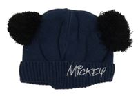 Tmavomodrá pletená čepice s nápisem - Mickey a bambulemi Disney