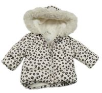 Smetanovo-černo-rezavá vzorovaná prošívaná šusťáková zimní bunda s kapucí s kožešinou F&F