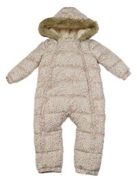 Světlepudrová prošívaná šusťáková zimní kombinéza s kytičkami a kapucí s kožešinou F&F