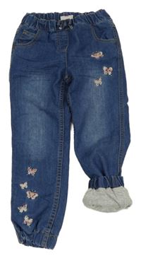 Modré cuff teplákové podšité rifle s motýlky a mašli Topolino