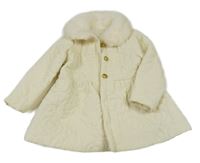 Smetanový šusťákový jarní zateplený kabát s prošívanými květy a kožešinovým límečkem SHEIN