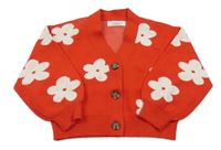 Červený úpletový propínací oversize svetr s bílými květy PRIMARK