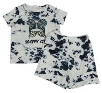 2Set - Bílo-černé batikované tričko s dívkou a nápisem + kraťasy 