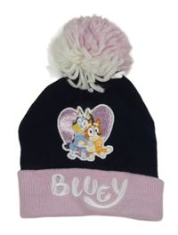 Tmavomodro-světlerůžová pletená čepice s Bluey a Bingo a bambulí C&A