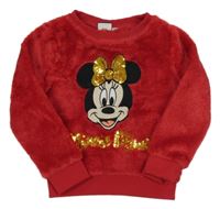 Červená chlupatá mikina s Minnie s flitry Disney