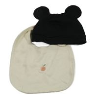 2set - Černá bavlněná čepice s oušky + béžový slinták s broskví