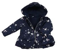 Tmavomodrá květovaná šusťáková zateplená bunda s kapucí St. Bernard