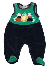 Tmavomodro-zelené sametové dupačky s medvědy a hodinami