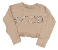 Růžové crop triko s nápisem s květinami Matalan