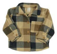 Béžovo-hnědo-tmavomodrá kostkovaná fleecová košilová bunda H&M