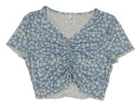 Modré květované žebrované crop tričko Shein