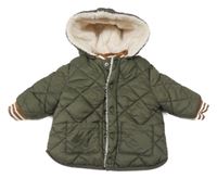 Khaki šusťákovo/huňatá oboustranná zateplená bunda s kapucí