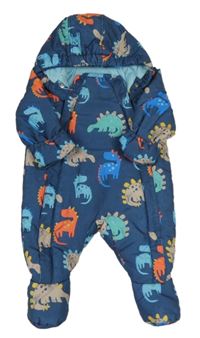 Tmavomodrá šusťáková zimní kombinéza s dinosaury a kapucí M&S