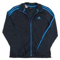 Tmavomodrá sportovní funkční propínací mikina s pruhy a logem Adidas