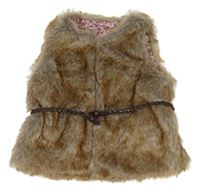 Hnědo-šedá melírovaná kožešinová podšitá vesta s páskem 