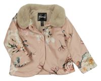 Světlerůžová zateplená květovaná bunda s kožešinovým límečkem Firetrap