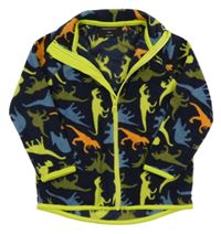 Tmavomodro-neonová fleecová propínací mikina s dinosaury 