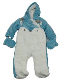 Bílo-modrá chlupatá zateplená kombinéza s čumákem a kapucí + rukavice 