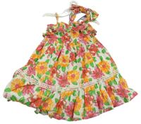 Nové - 2set - bílo-barevné květované šaty + čelenka 