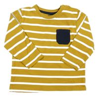 Okrovo-bílé pruhované triko s tmavomodrou kapsou Topomini