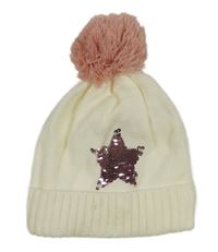 Bílo-růžová čepice s hvězdou a bambulí Topomini