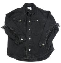 Tmavošedá riflová košilová bunda s třásněmi Zara