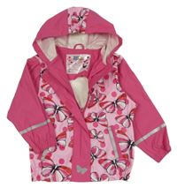 Světlerůžovo-fuchsiová voděodolná jarní bunda s motýlky a kapucí Lupilu