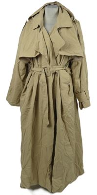 Dámský béžový šusťákový jarní kabát s páskem a kapucí PrettyLittle Thing vel. 32