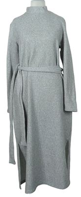 Dámské šedé pletené žebrované midi šaty s páskem Pep&Co