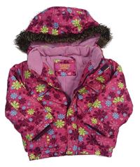 Růžová květovaná zimní bunda s kapucí s chlupem 