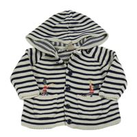 Tmavomodro-smetanový pruhovaný propínací svetr s vojáky a kapucí Monsoon