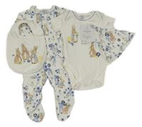 Nové - 4 set - modro bílo květované body s králíčkem Petrem + modrobílý overal  +bryndák + čepice