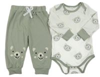 2 set - bílo-zelené žebrované body s medvídky + khaki žebrované tepláky s medvídky 