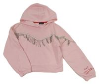 Světlerůžová crop mikina s řetízky a kapucí 