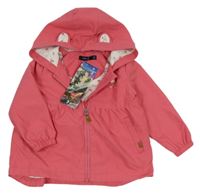 Nové - Růžová šusťáková jarní bunda s kytičkami a kapucí 