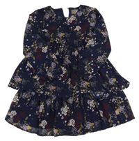 Tmavomodré květované šifonové šaty s vrstvenou sukní