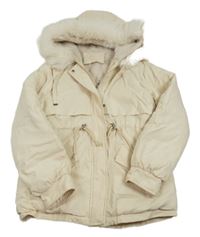 Smetanová šusťáková zimní bunda s kapucí s kožešinou 