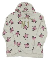 Bílá květovaná mikina s nápisem a kapucí C&A