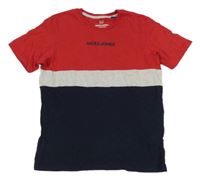 Červeno-šedo-tmavomodré tričko s logem Jack & Jones
