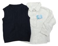 Nové - 2set - Tmavomodrá pletená vesta + bílá košile Matalan