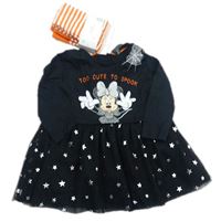 2set - Černé bavlněno-síťované šaty s Minnií + pruhované punčocháče Disney 