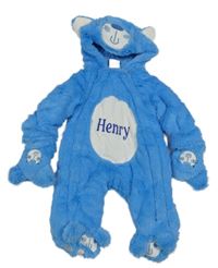 Modrá kožešinová zateplená kombinéza s kapucí - medvěd