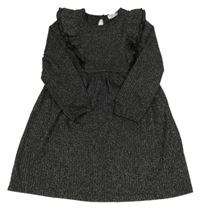 Černo-střbrné svetrové žebrované šaty s volánky Primark
