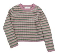 Khaki-růžovo-smetanový pruhovaný žinylkový crop svetr Primark