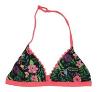 Černo-neonově růžová plavková podprsenka s květy