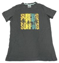 Tmavošedé tričko s nápisy a palmami Pocopiano 