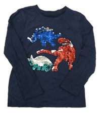 Tmavomodré triko s dinosaury z flitrů C&A