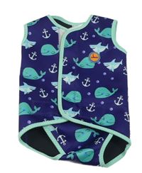 Tmavomodro-mátové neoprenové body s velrybami a kotvami a nášivkou swimbubs