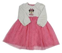 Bílo/světlebéžovo-růžové žebrované třpytivé sametovo/tylové šaty s Minnie PRIMARK